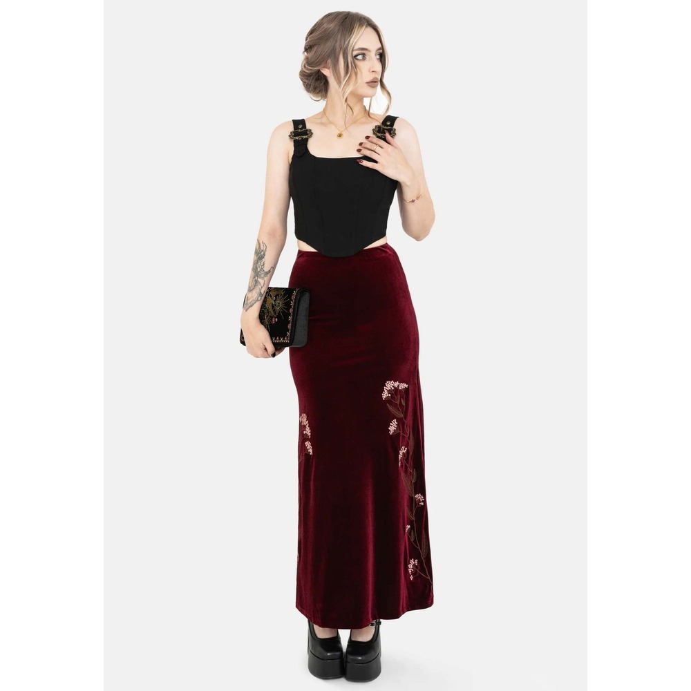 Disturbia Virosa Floral Embroidered Velour Maxi Skirt Burgundy Size 16 New W/Tag - Picture 2 of 8